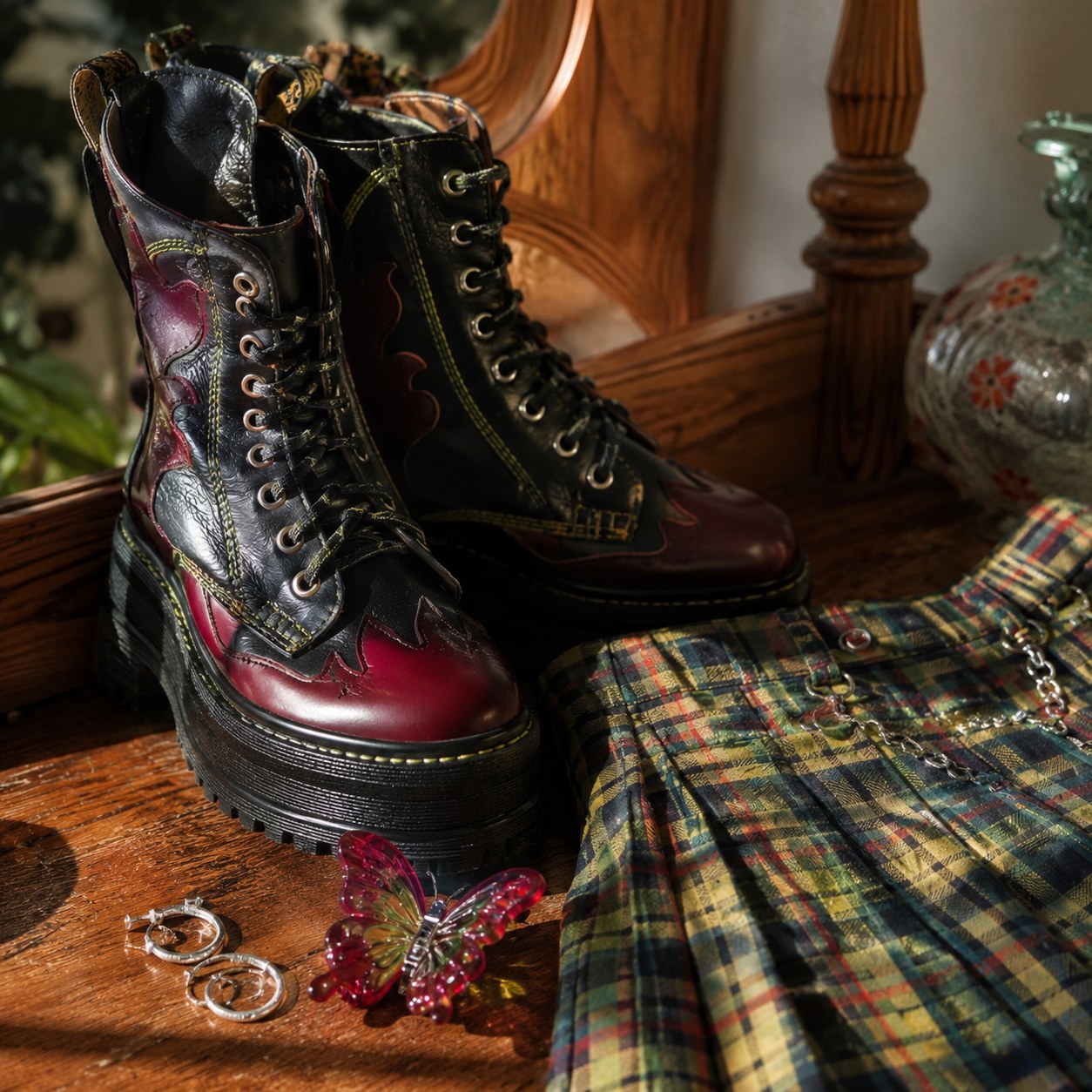 Chunky floral combat boots and pleated plaid mini skirt laid out as grunge 90s retro outfit inspiration