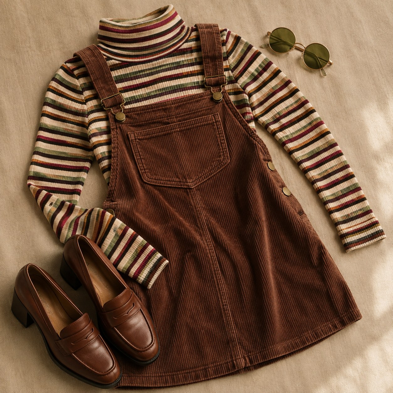 Brown corduroy overall dress with striped turtleneck and loafers, preppy 90s retro outfit inspiration flat lay