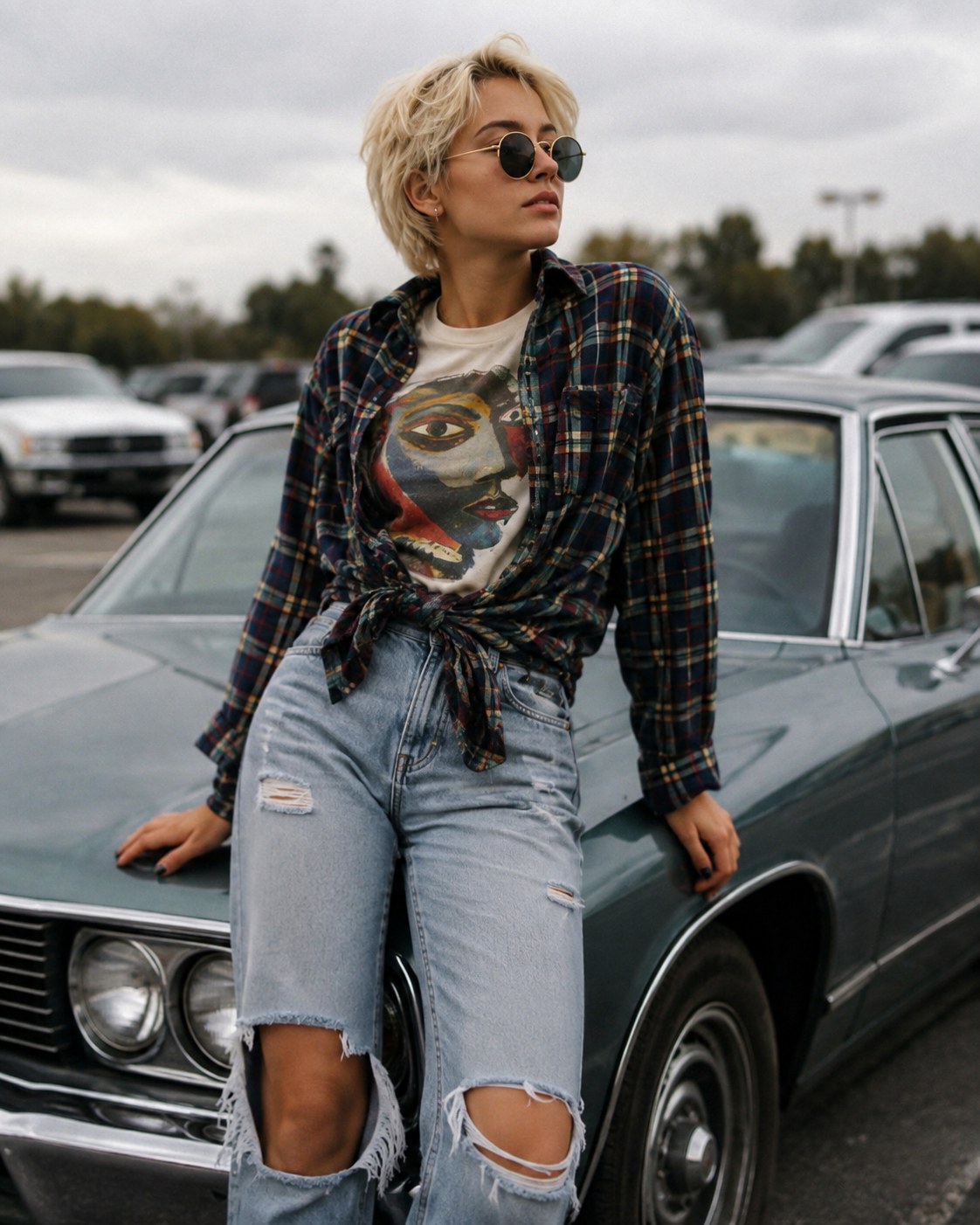 Blonde model in a tied plaid flannel and ripped jeans leaning on a vintage car, 90s retro outfit inspiration