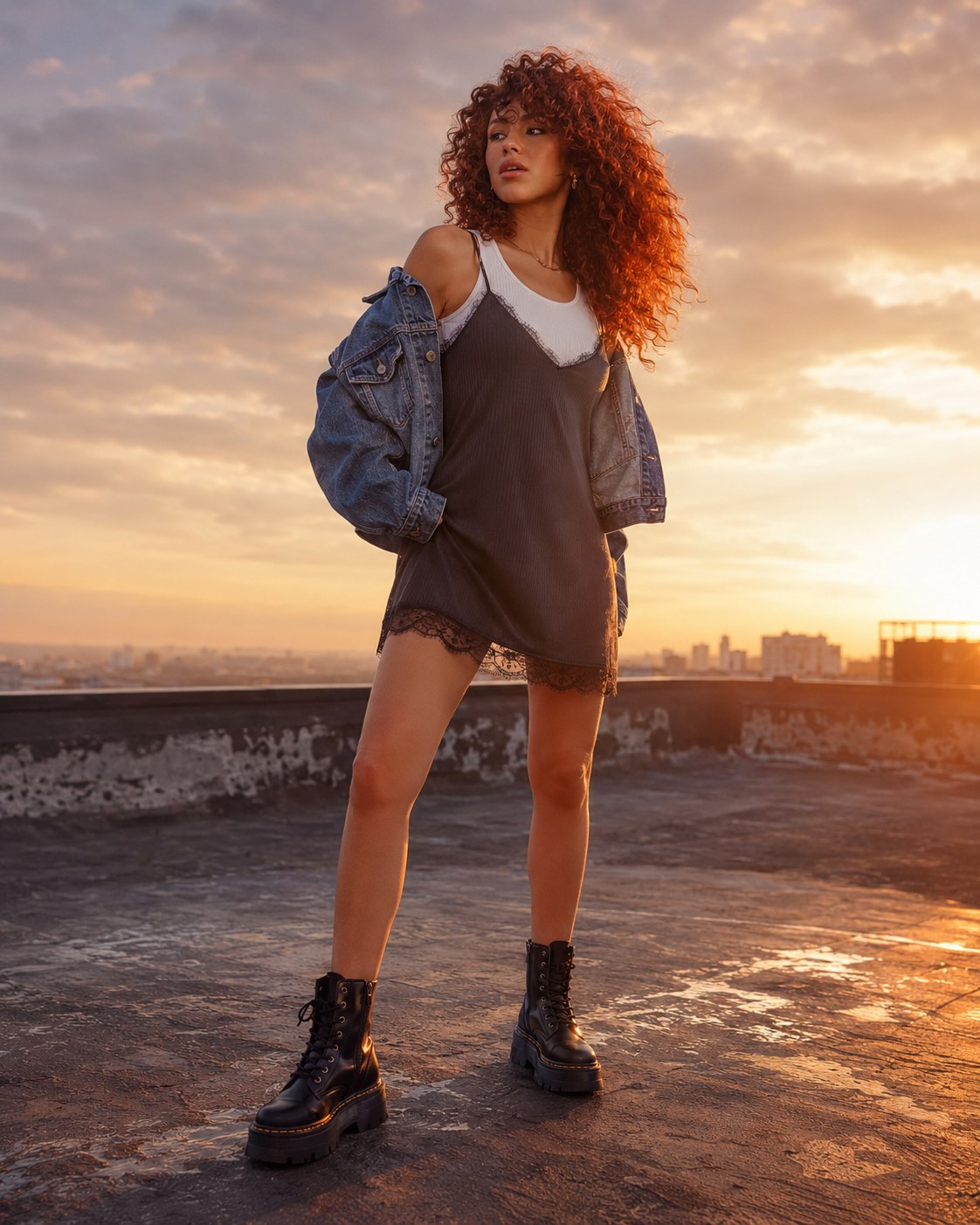 Curly-haired model in a slip dress and oversized denim jacket, a rooftop take on 90s retro outfit inspiration