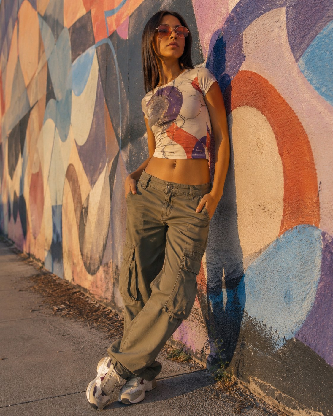 Woman in cargo pants and fitted graphic tee against a mural, a street-style 90s retro outfit inspiration look