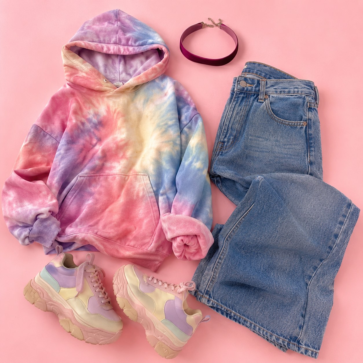 Pastel tie-dye hoodie with matching chunky sneakers, a candy-raver 90s retro outfit inspiration flat lay