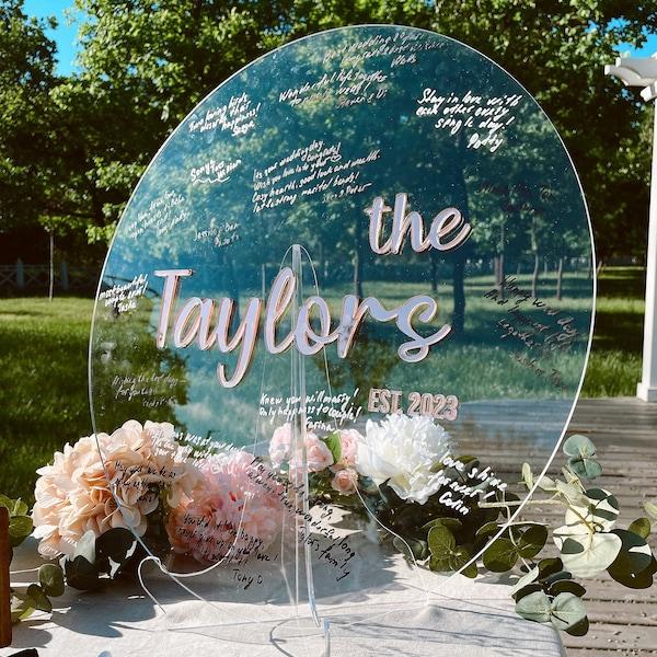 Modern acrylic wedding guest book with lettering