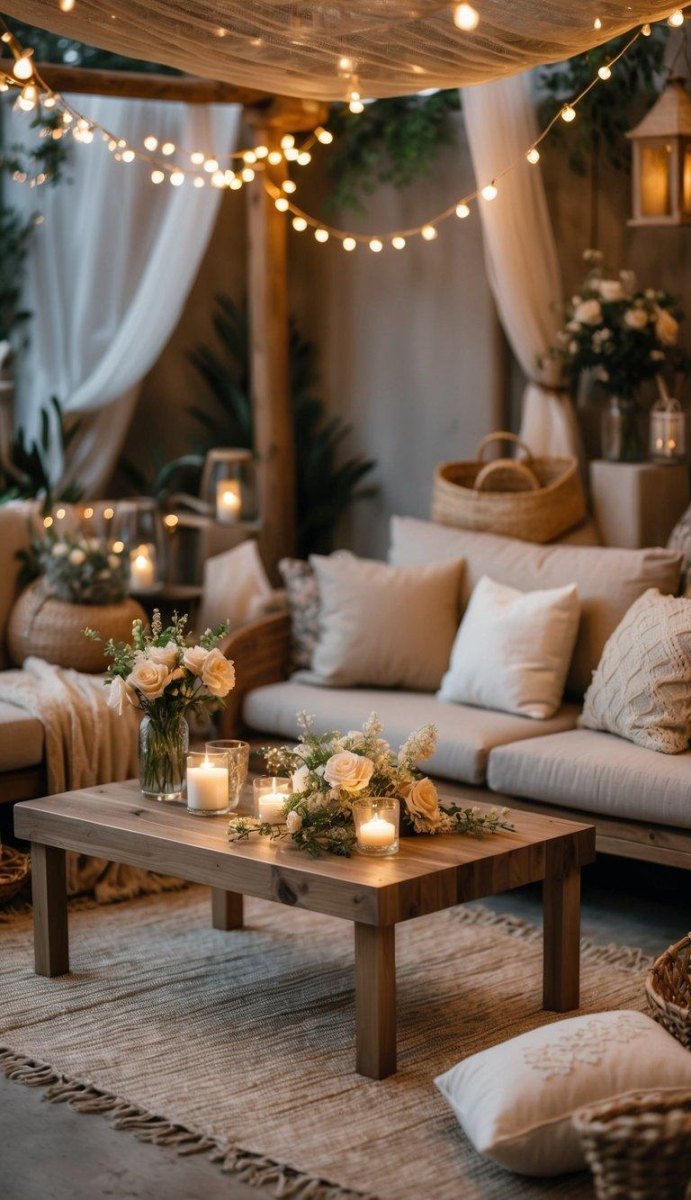 Cozy wedding lighting with candles and fairy lights