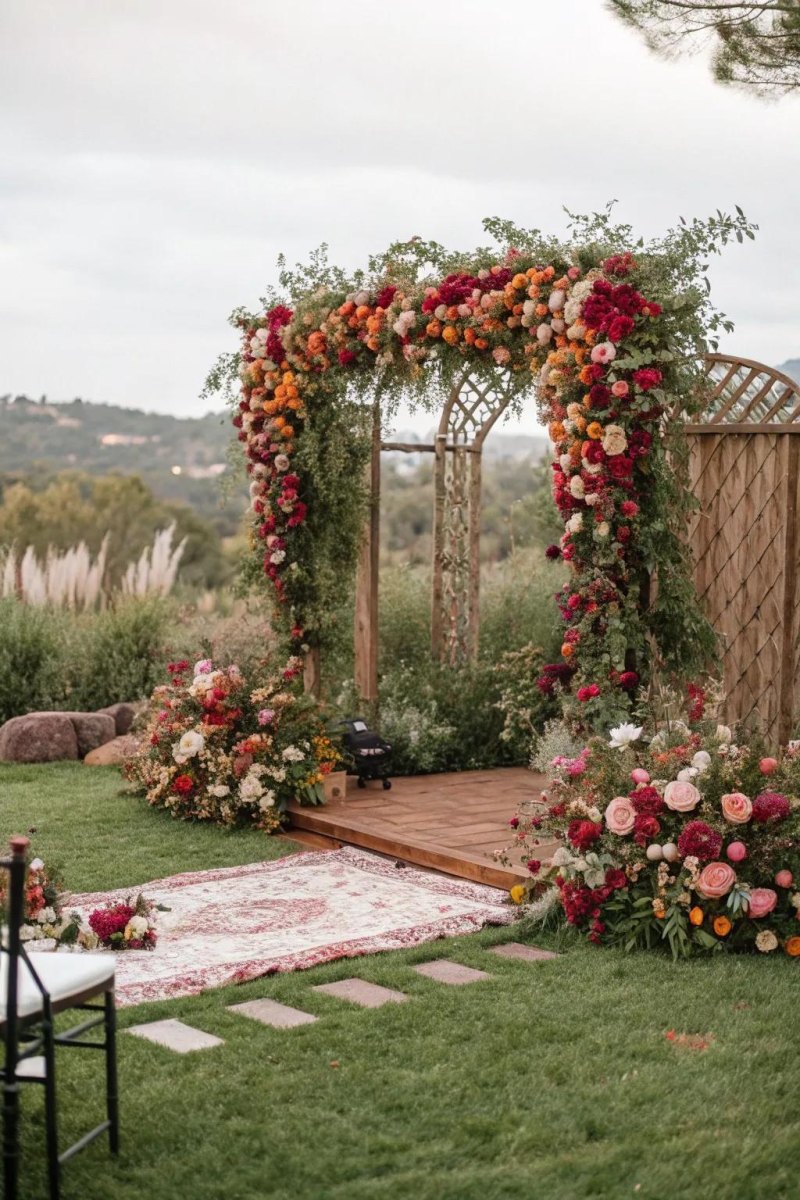 Floral arch Airbnb wedding ceremony backdrop
