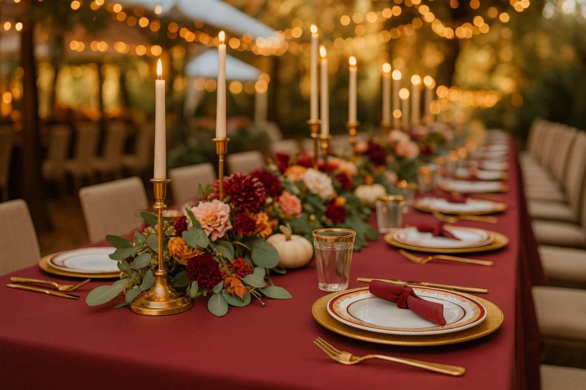 Antique gold burgundy wedding reception