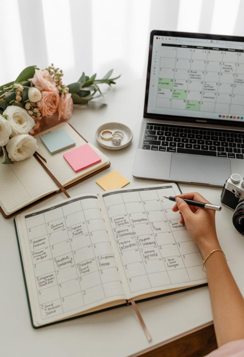 Wedding planning calendar with photography preparation notes and rings