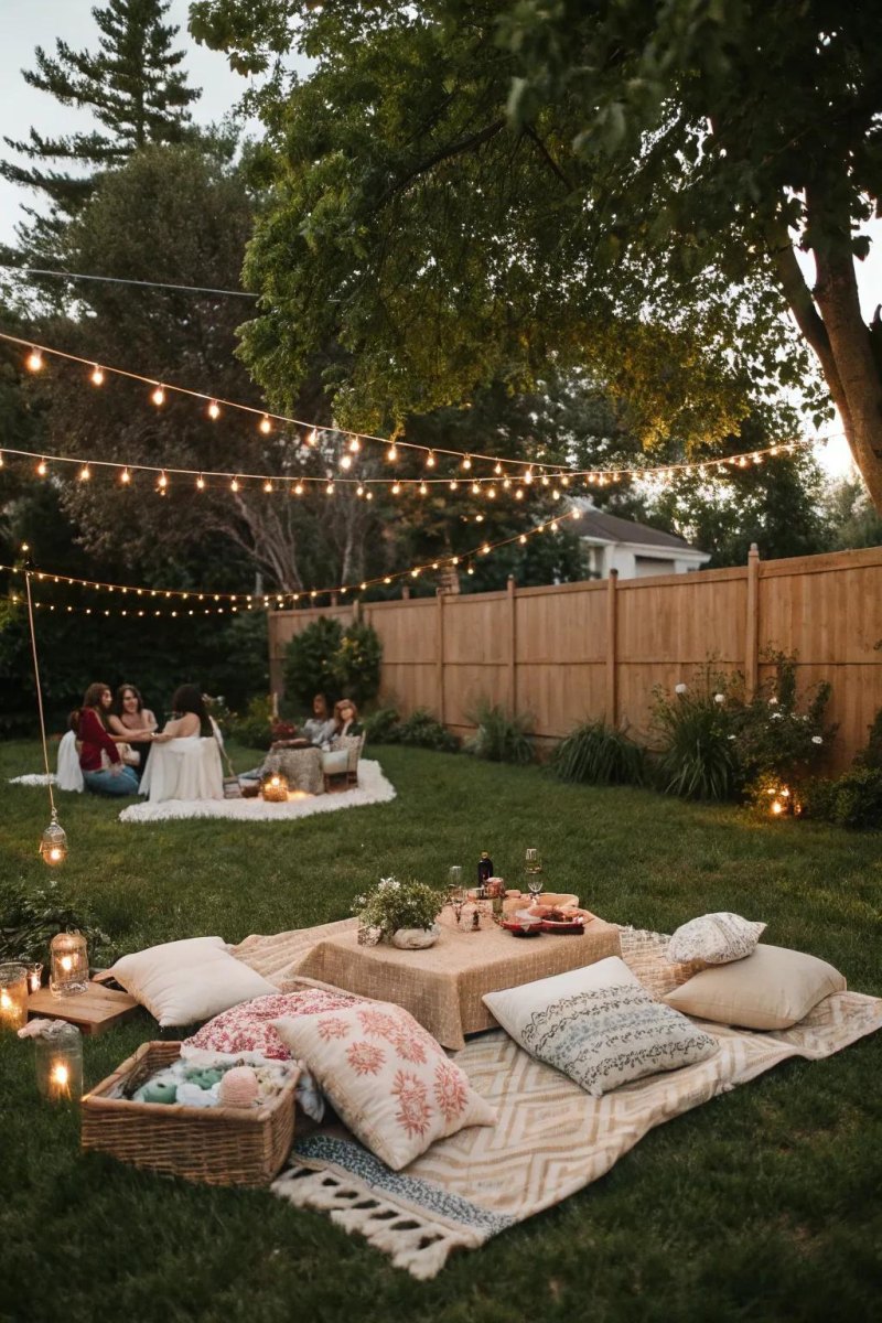 Backyard wedding picnic reception setup