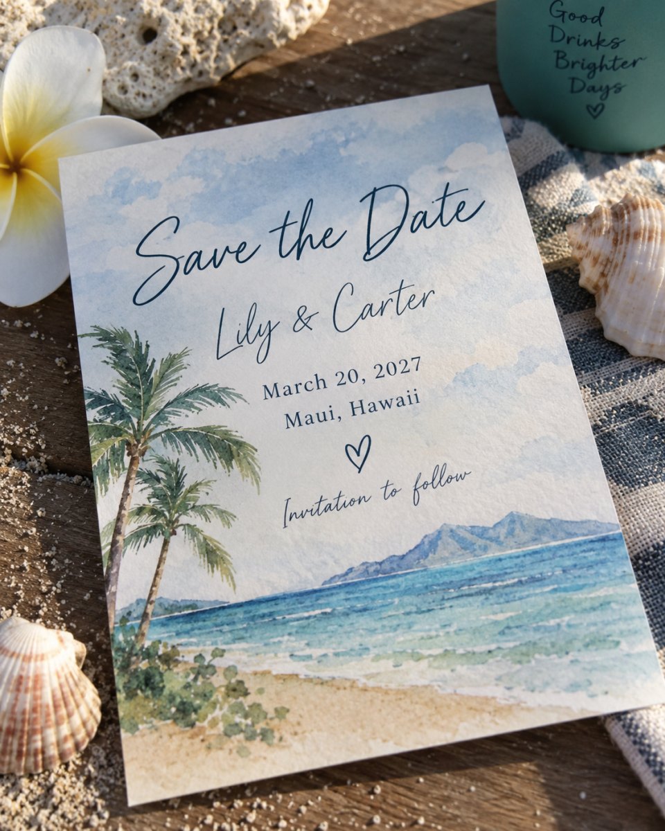 Beach destination save date card