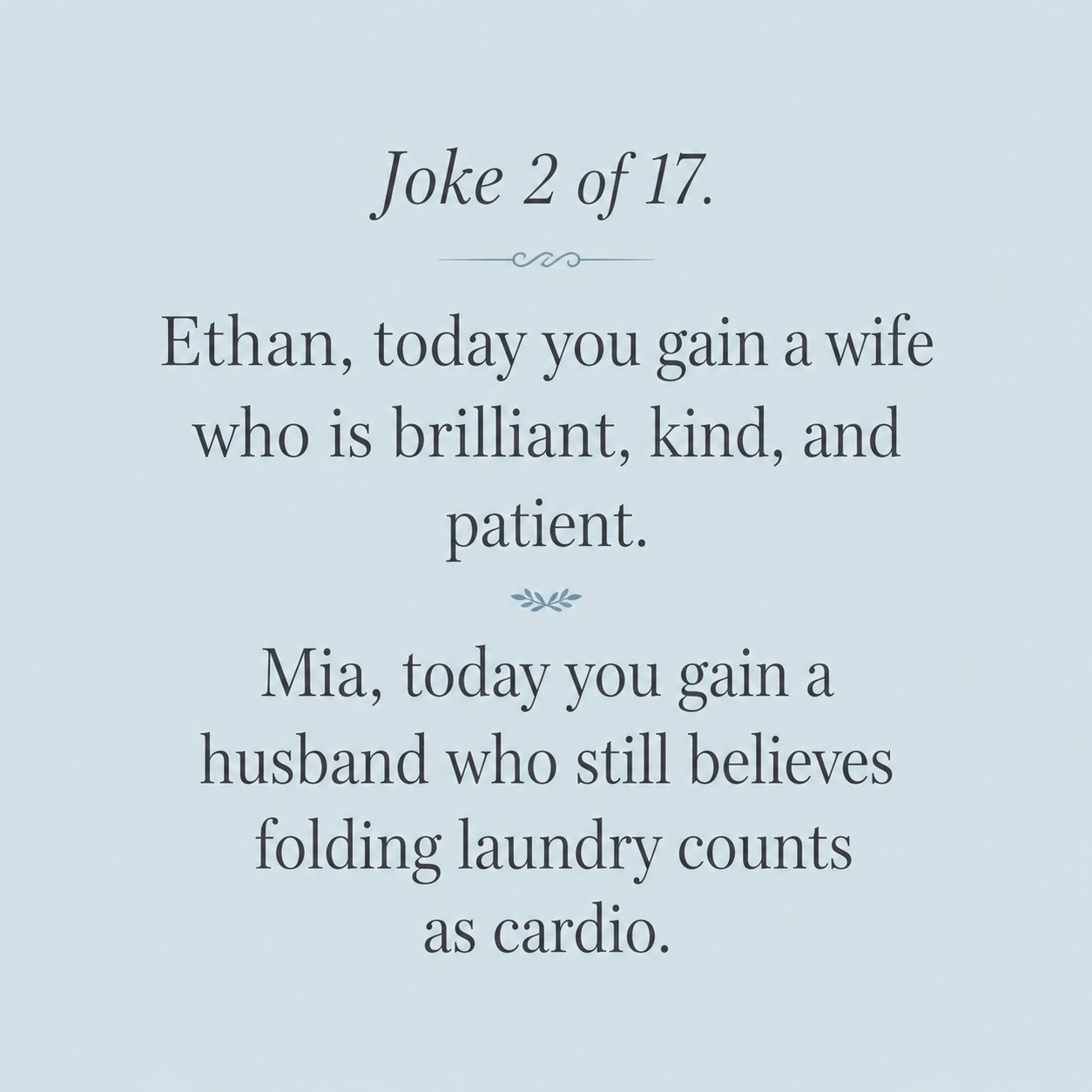 A blue card sharing one of seventeen best man speech jokes that swaps in the couple's real first names for a personal laugh.