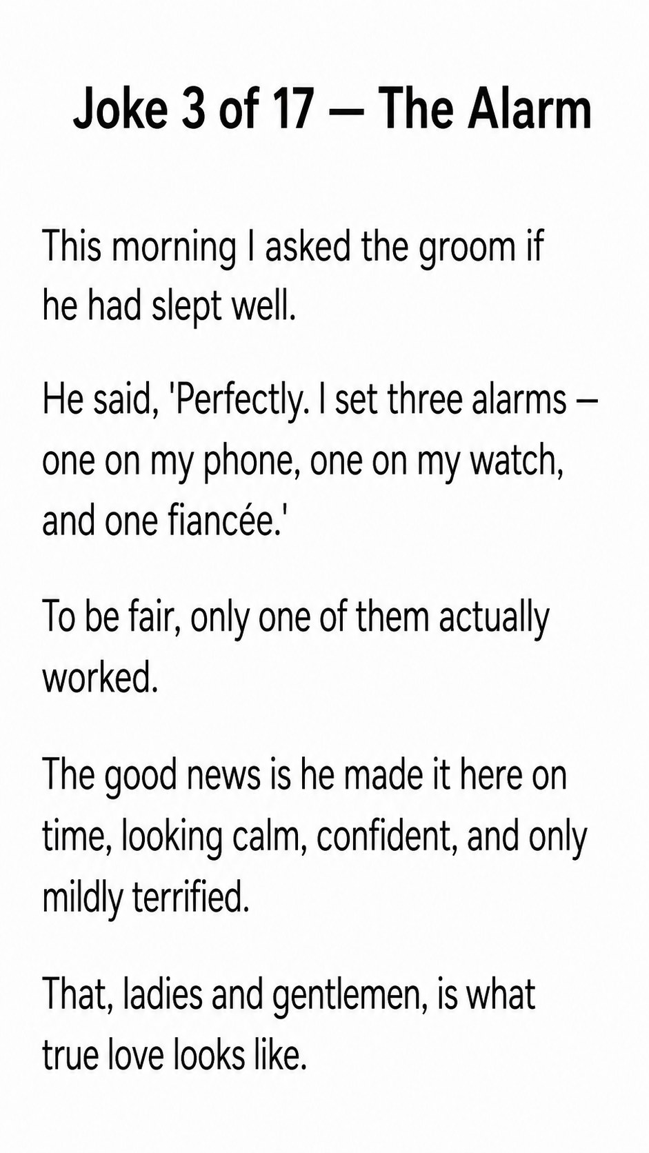 A story-style best man speech joke titled The Alarm describing the groom's three backup alarms on wedding morning.