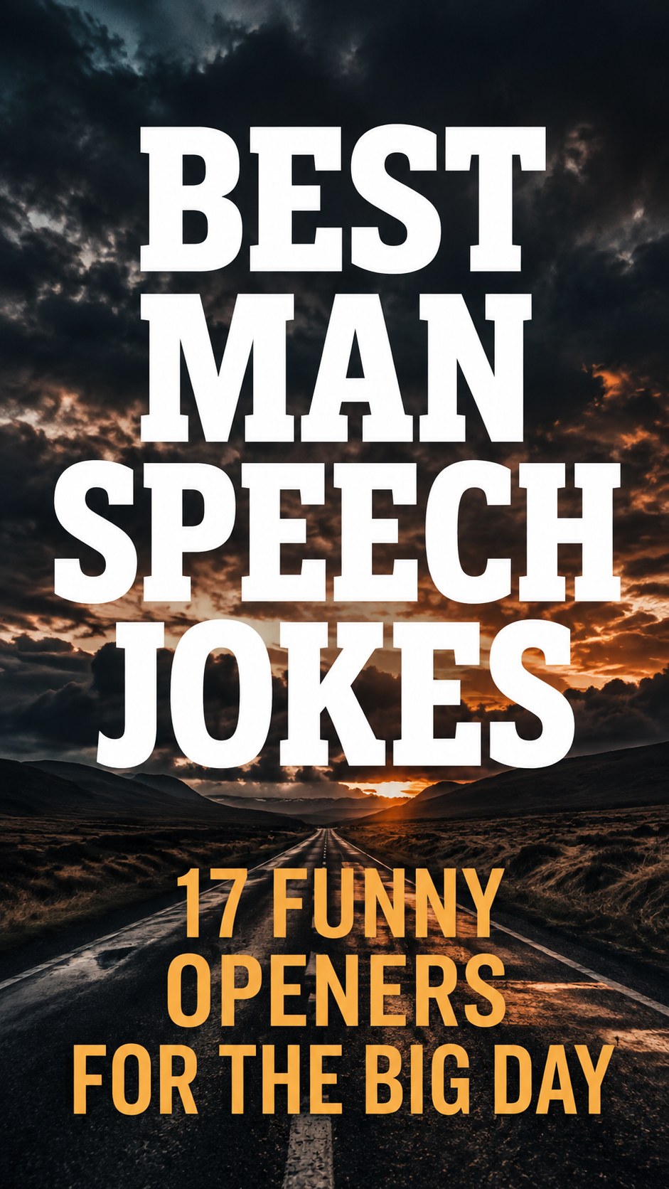 A dramatic sunset-themed cover titled best man speech jokes featuring seventeen funny wedding speech openers.