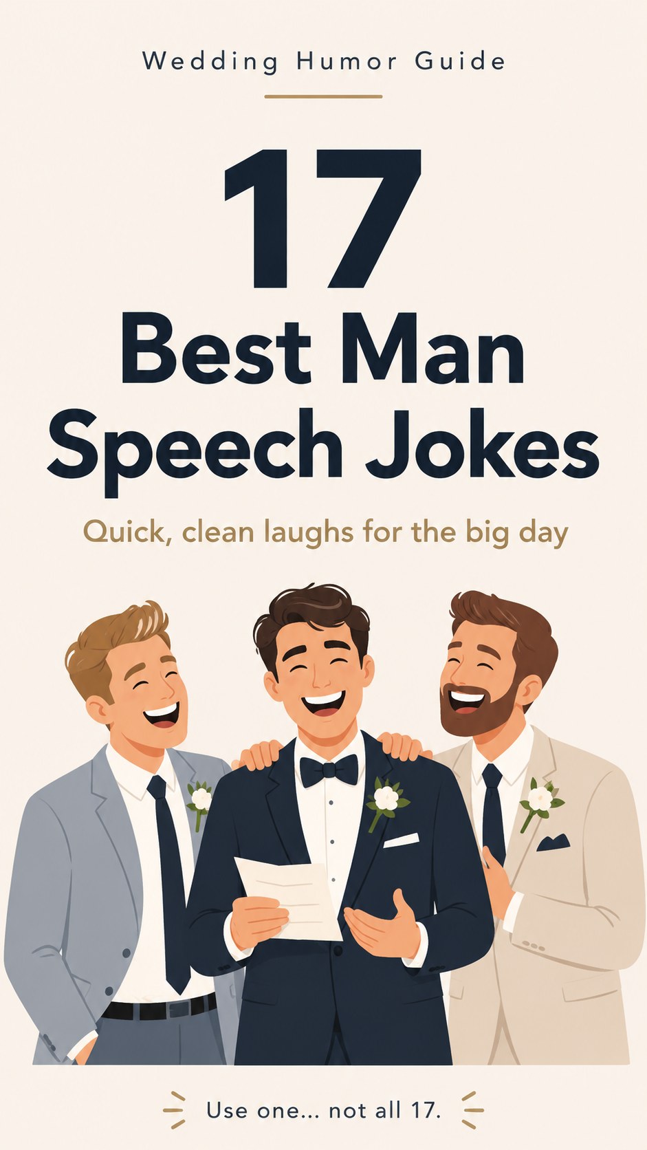 A wedding humor guide cover for seventeen best man speech jokes advising readers to use only one at the reception.