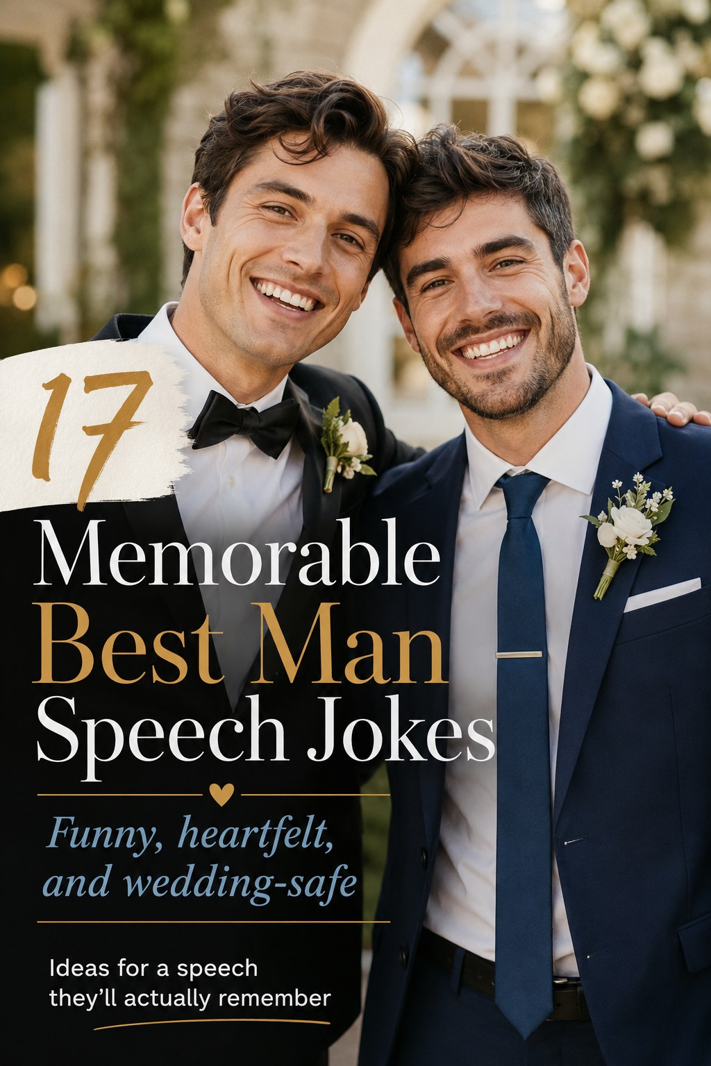 A cover image of two grooms laughing together, framing seventeen memorable best man speech jokes that are funny and heartfelt.