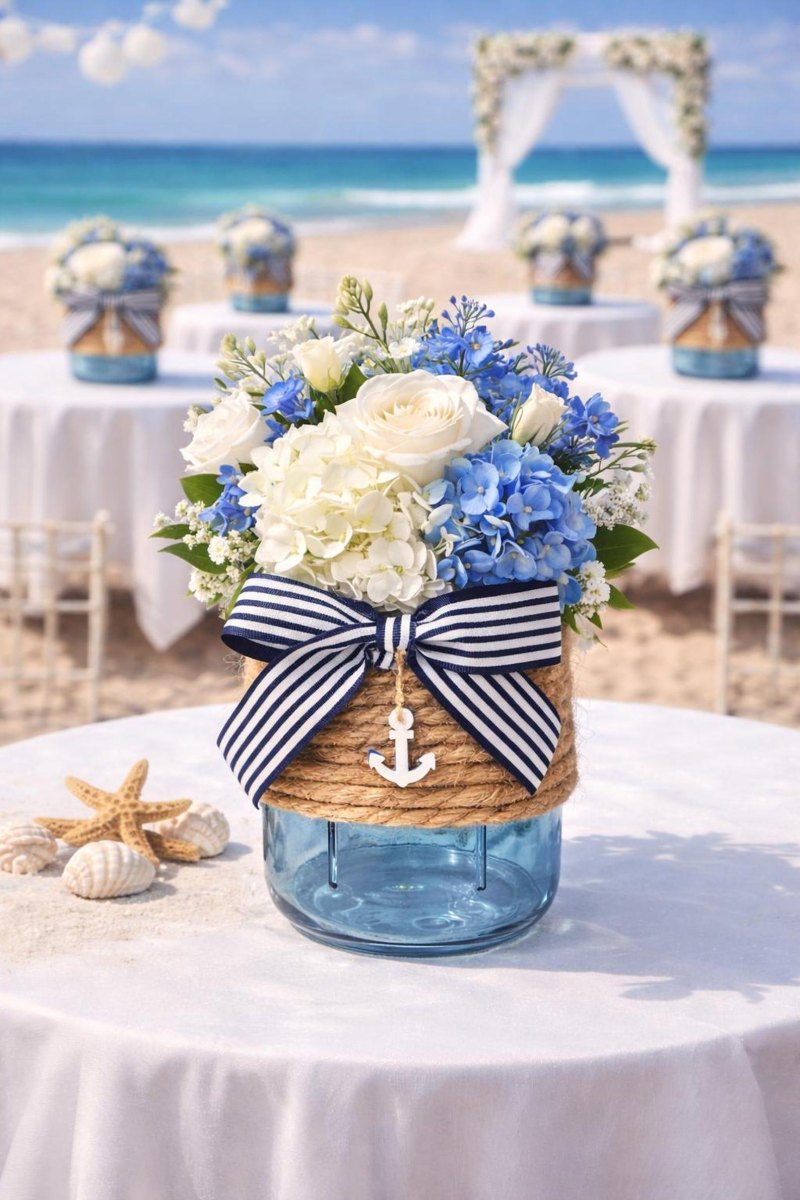 Blue mason jars for beach wedding