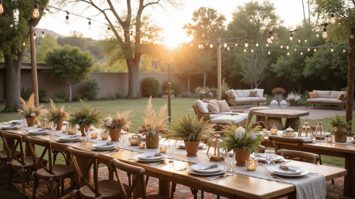 Terracotta peach bohemian backyard wedding decor