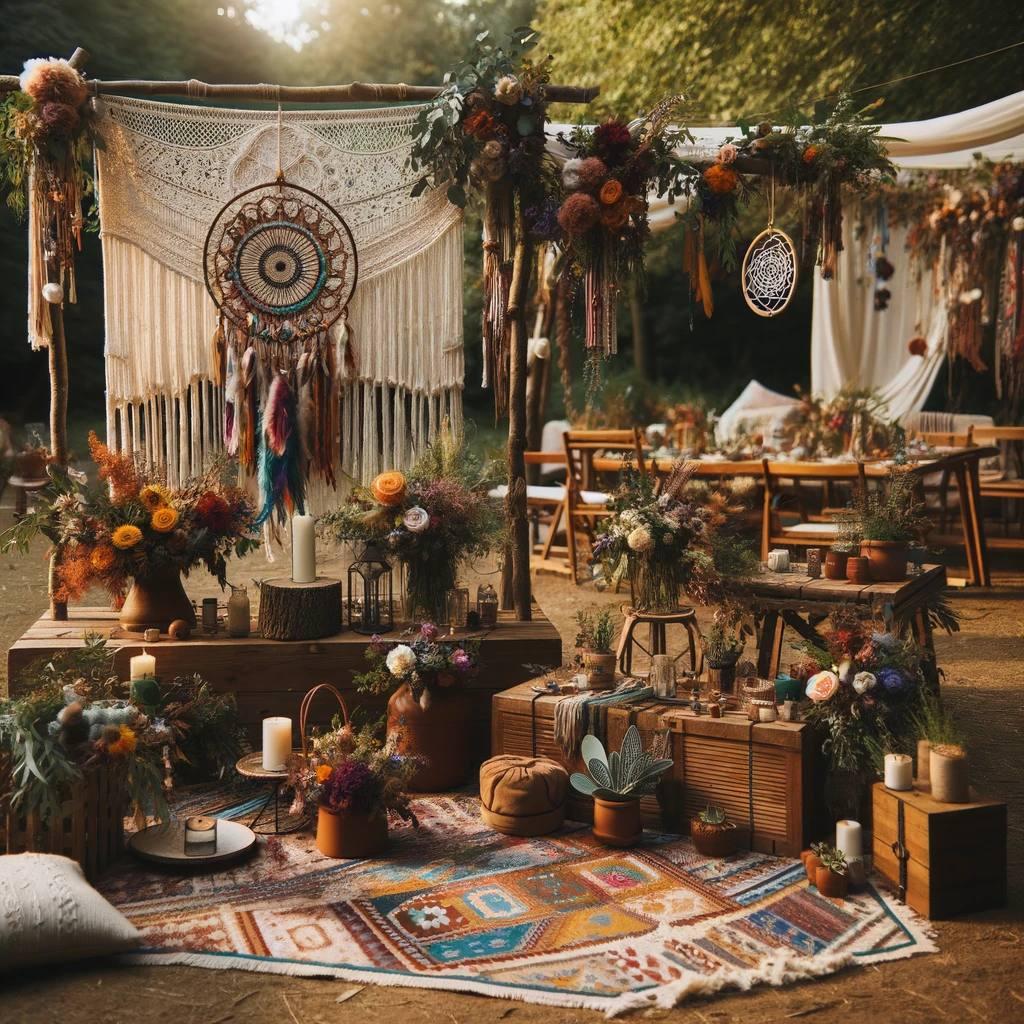 Bohemian backyard wedding welcome table