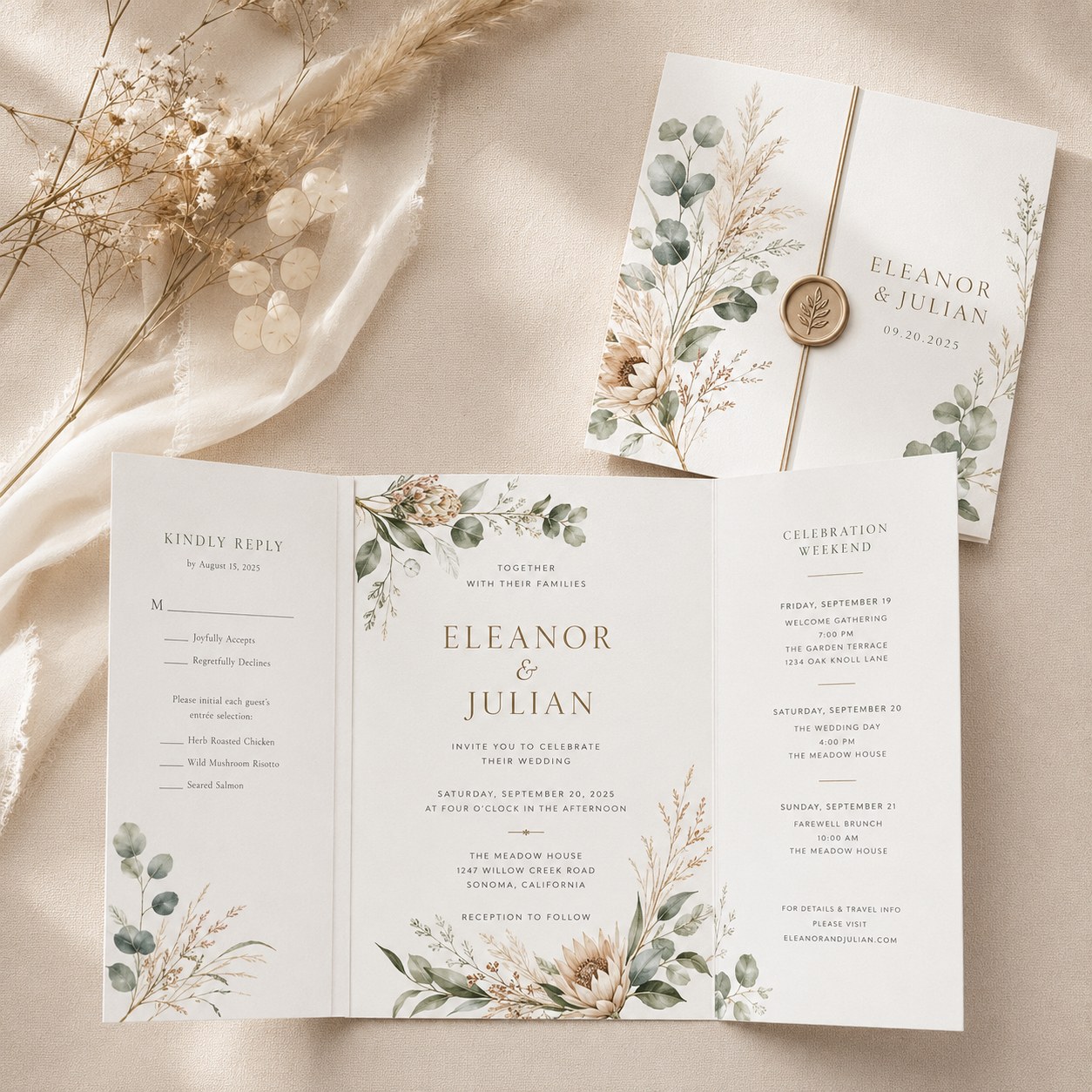 Gatefold boho wedding invitation with eucalyptus, pampas grass and a wax seal closure