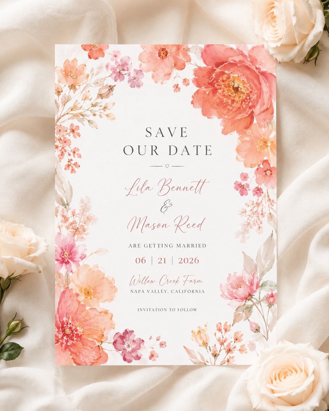 Warm coral and peach watercolor floral save the date, a bold boho wedding invitation idea