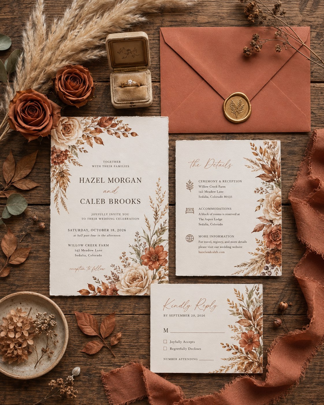 Rust and terracotta boho wedding invitation suite with a colored envelope and wax seal