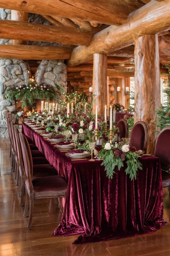 Burgundy velvet winter wedding decor