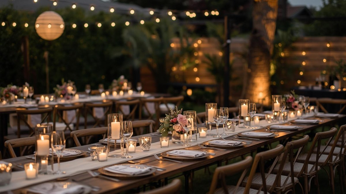 Candlelit backyard wedding reception tables