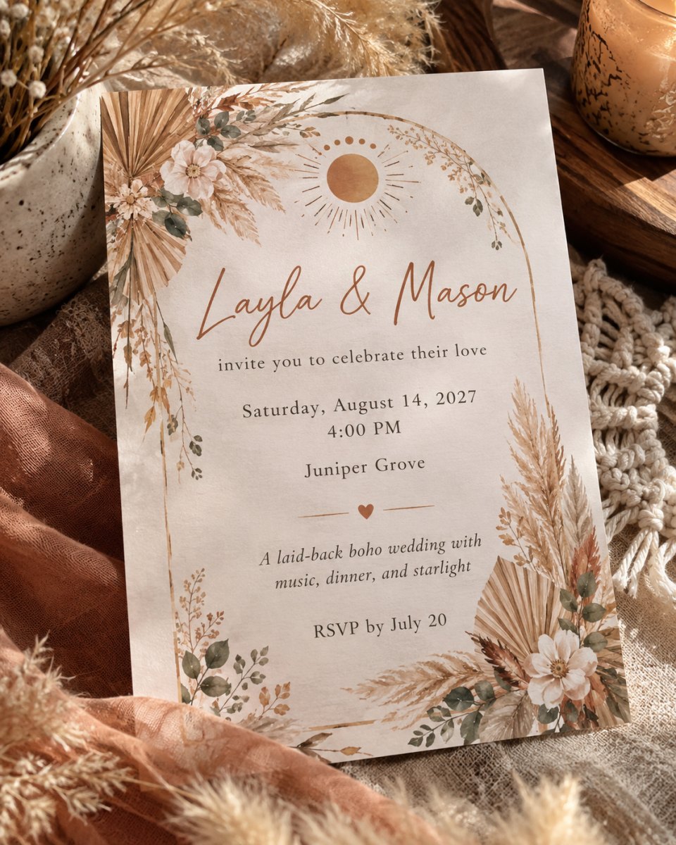 Boho wedding invitation with dried flowers
