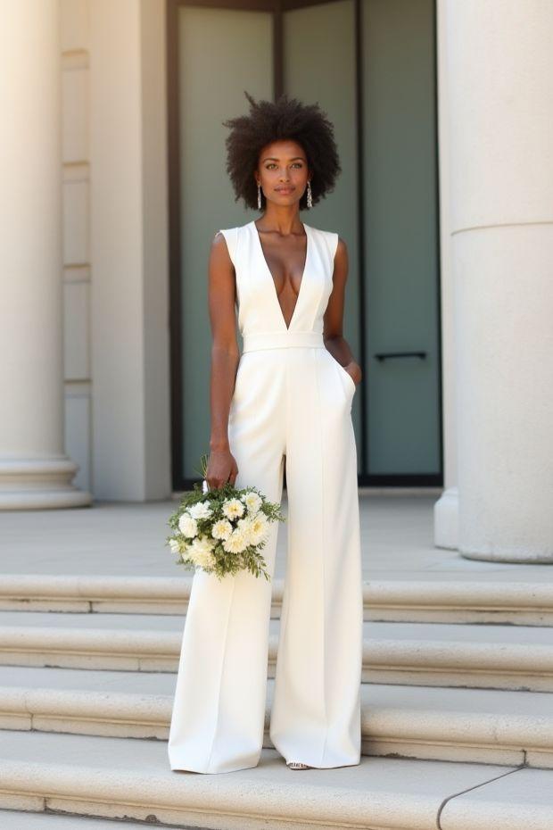 White bridal jumpsuit courthouse ceremony
