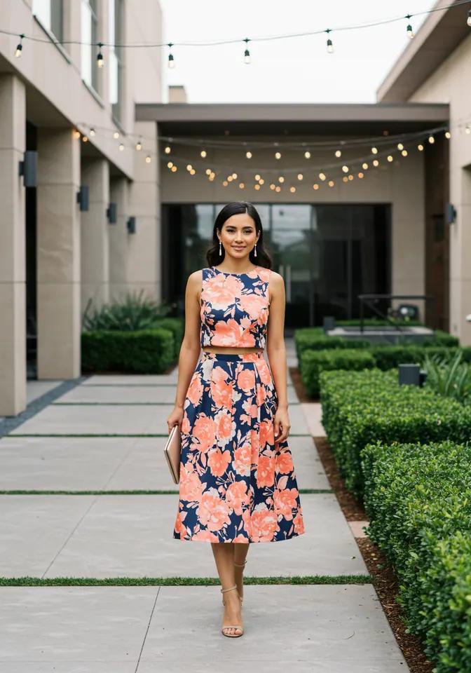 Chic two piece wedding guest outfit