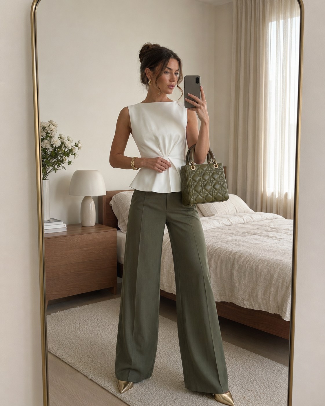 Structured white top with olive wide trousers and heels, an elevated clean girl outfit idea