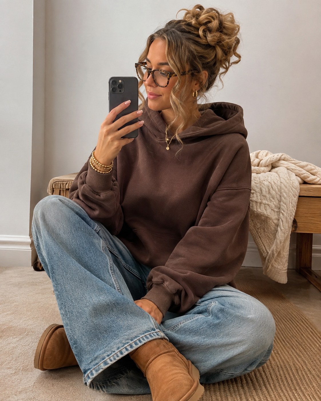 Oversized brown hoodie with light jeans and shearling boots, a cozy clean girl outfit idea