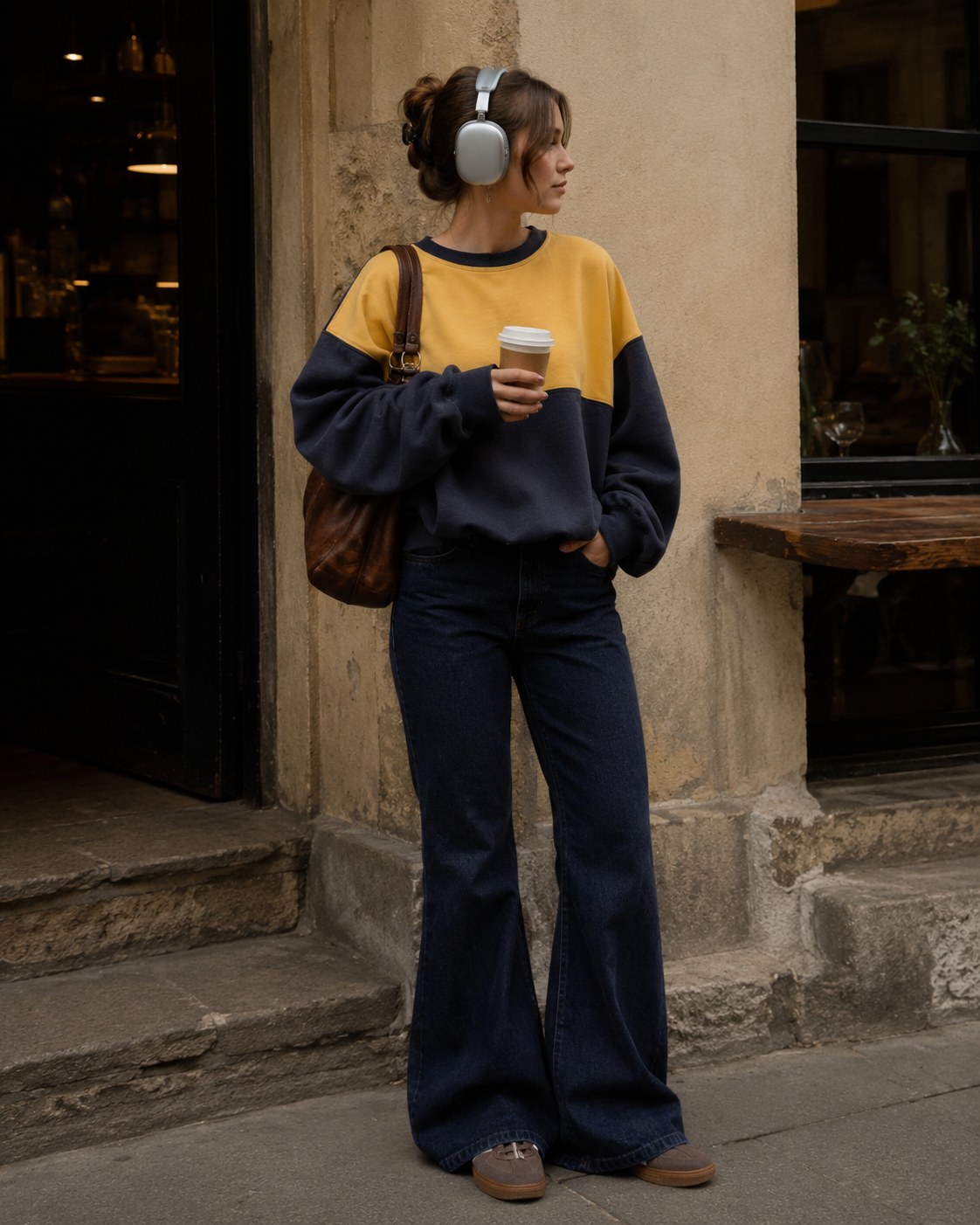Colorblock sweatshirt paired with dark flare jeans as a dressed-up clean girl outfit idea