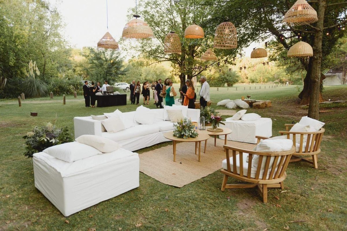 Outdoor lounge seating at backyard wedding