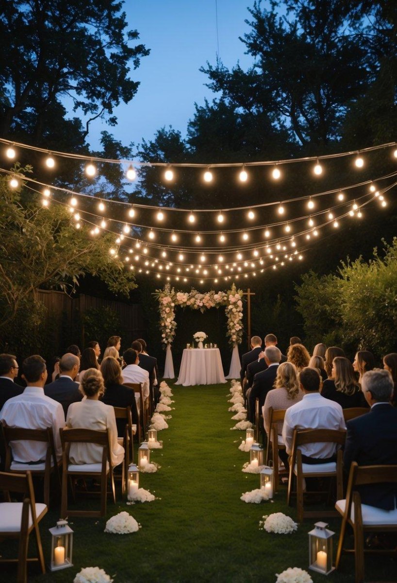 String lights over backyard wedding