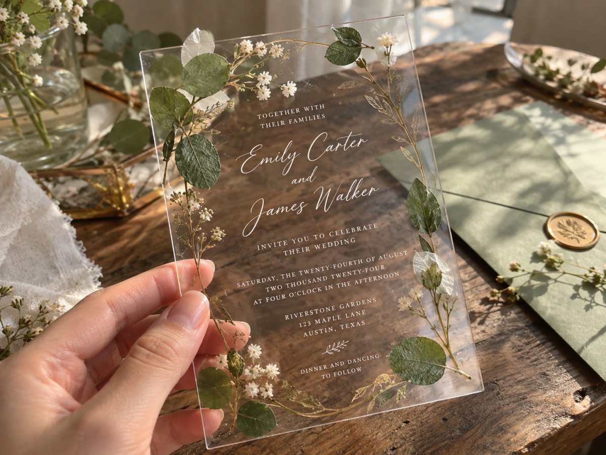 Creative clear botanical wedding invitation