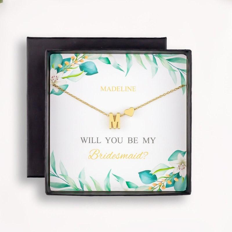 Personalized bridesmaid necklace gift reveal