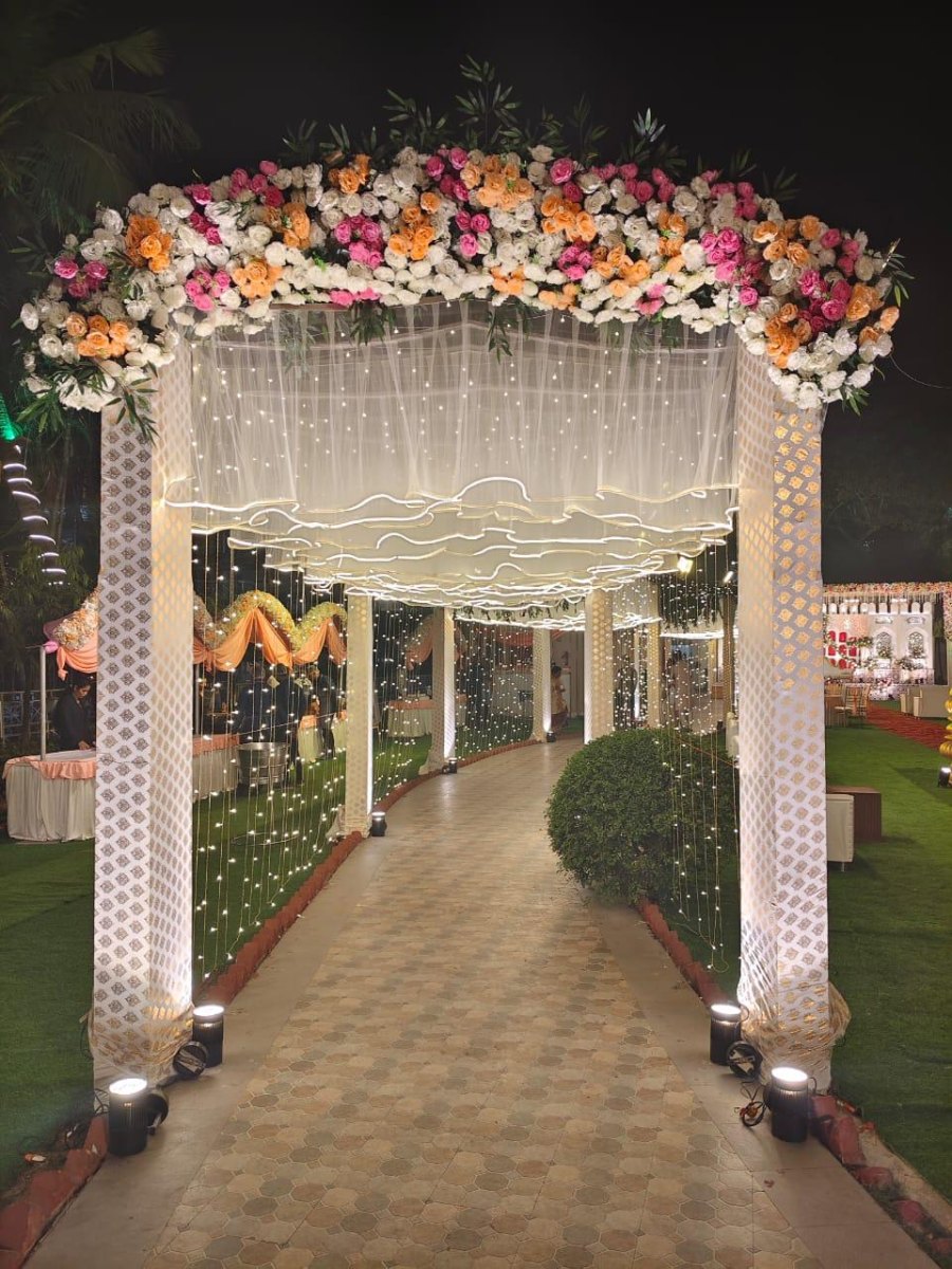 Decorated home wedding entrance with flowers