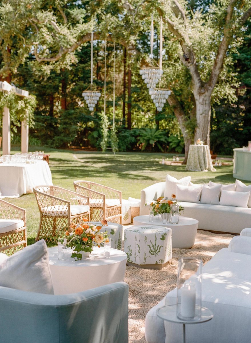 Elegant backyard wedding lounge seating