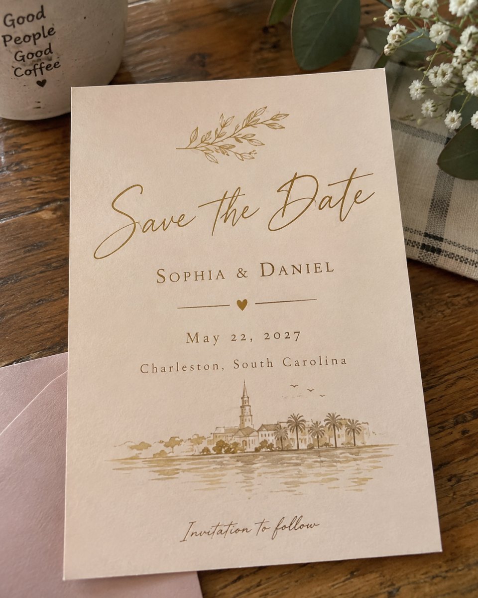 Elegant gold foil save date card