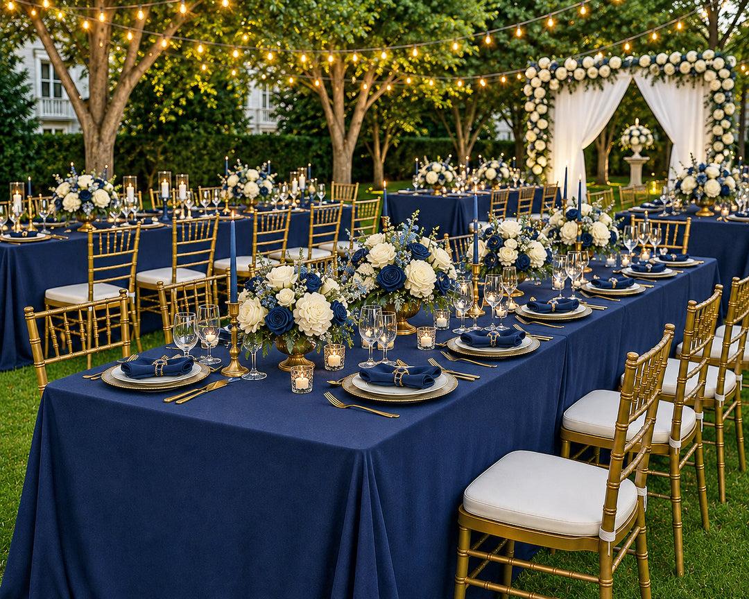 Navy gold elegant backyard wedding setup