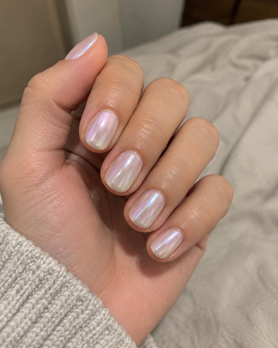 Pearl effect short shellac nails