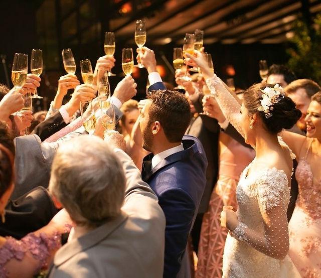 Guests raising glasses wedding toast
