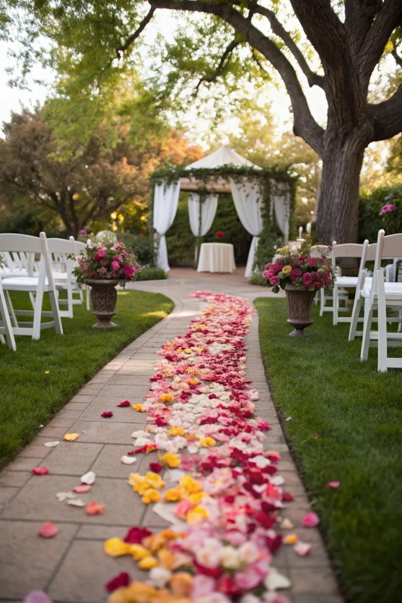 Flower lined backyard wedding aisle