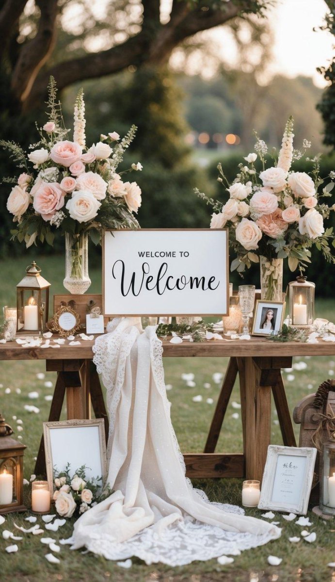 Floral backyard wedding welcome table display