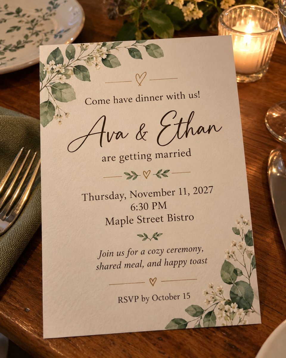 Dinner wedding invitation beside table setting