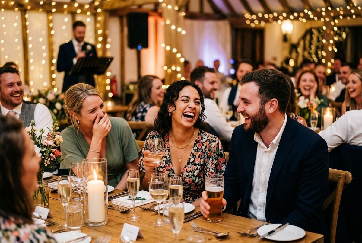 Wedding guests enjoying funny speech