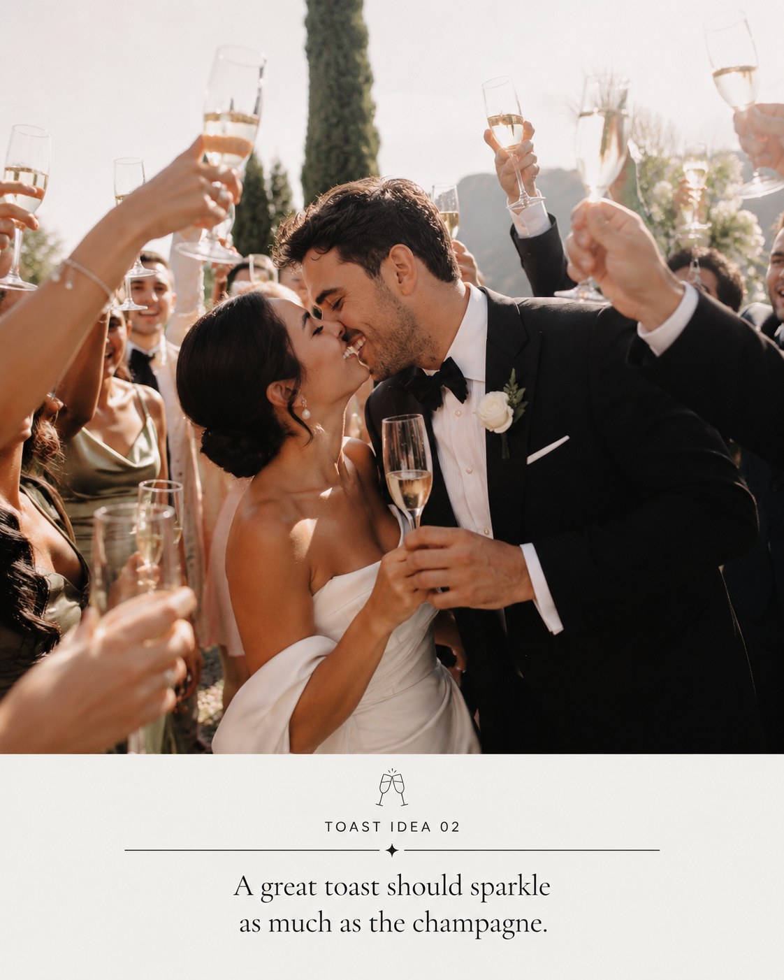 Bride and groom kissing over a champagne toast, the sparkle every funny wedding toast should match