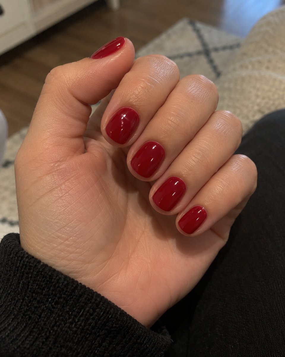 Glossy cherry red short nails