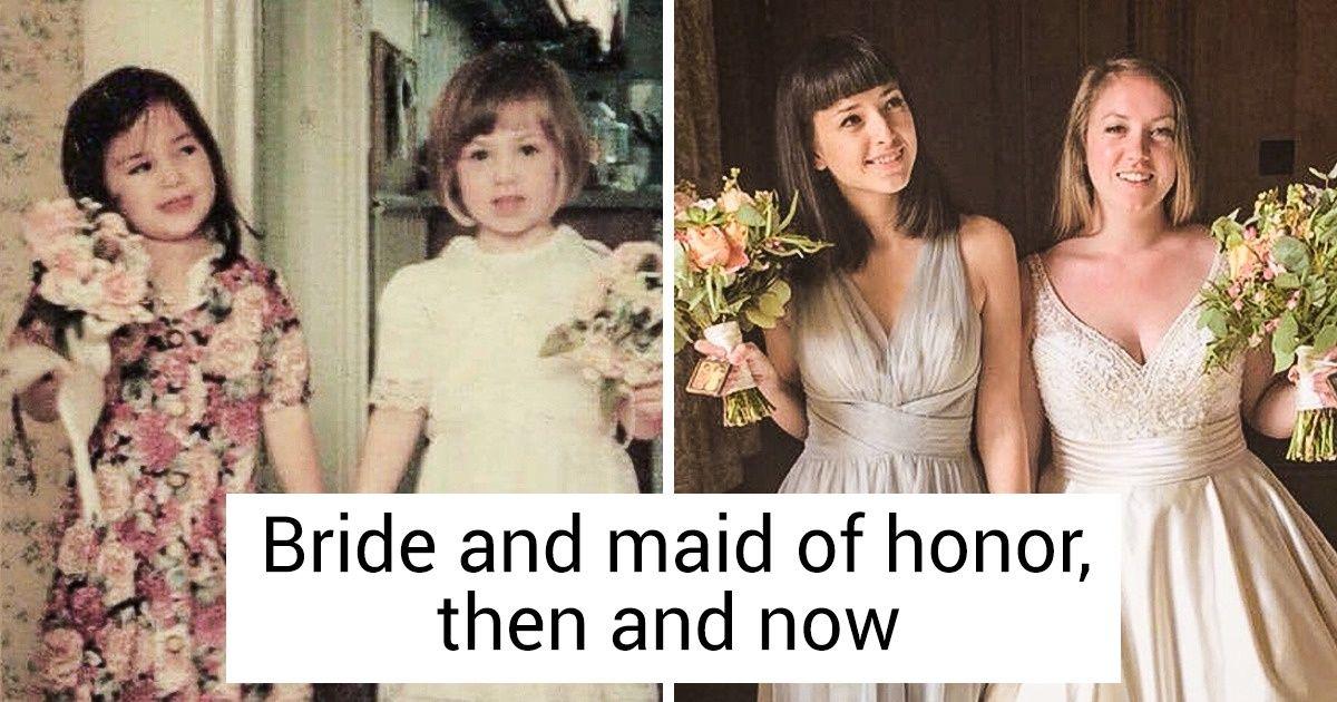 Friends viewing childhood wedding photos