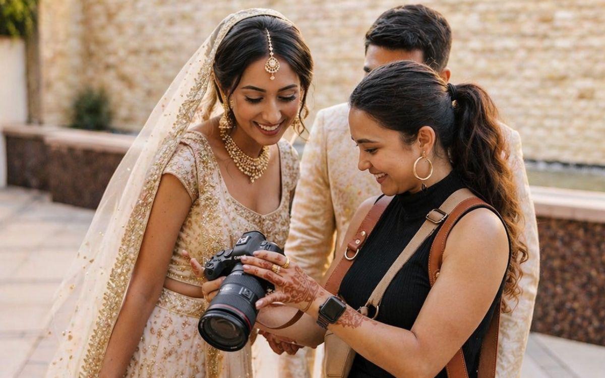 Wedding couple viewing a complete wedding photography gallery